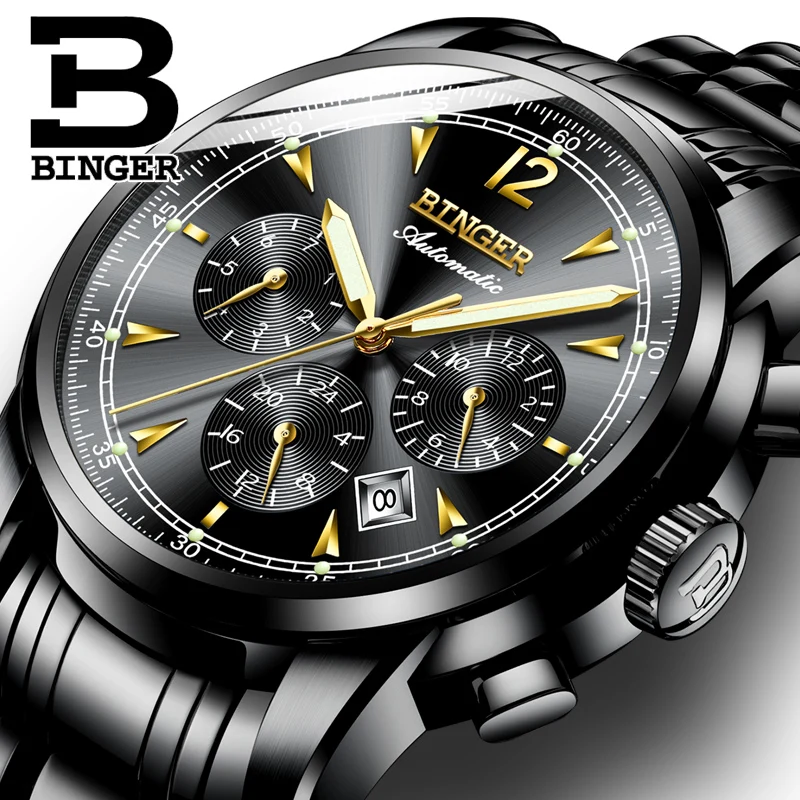 Montre homme Switzerland BINGER модные автоматические часы для мужчин 24 с календарем неделя