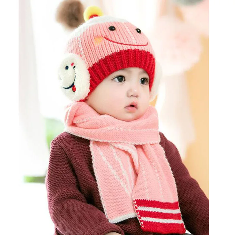 2 шт./компл. Детские Зимние улыбка шапка с шарфом для новорожденных Bebe детская теплая шапка и шарф комплект 3 месяца-3 лет - Цвет: pink