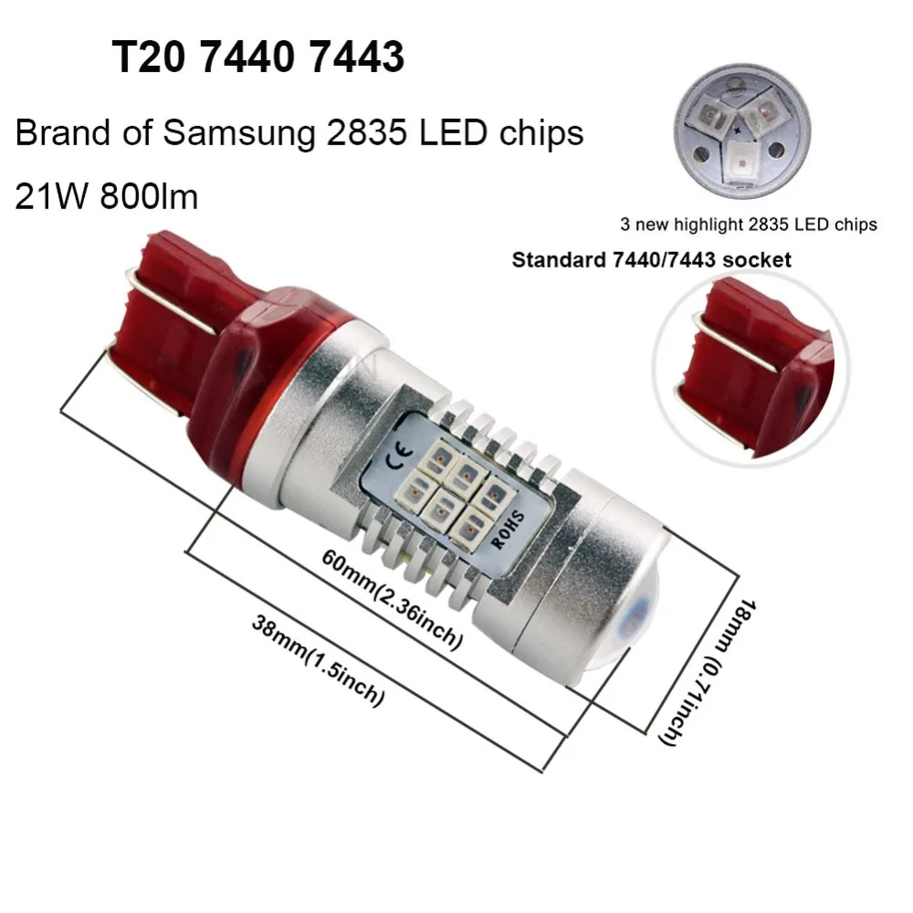 

2PCSx 5W No-polar 7443 T20 W21/5W Bulb 21 SMD 2835 LED Lens Car External Reverse brake tail rear parking 12V 24V White Amber Red