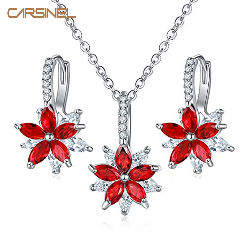 CARSINEL, абсолютно цветок, CZ, ювелирные наборы, серебряный цвет, красный циркон, ожерелье и серьги, свадебные ювелирные изделия для женщин, наборы для свадебной вечеринки