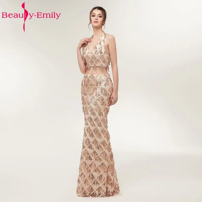 Beauty Emily два предмета золотая русалка Длинные Формальные Вечерние платья 2018