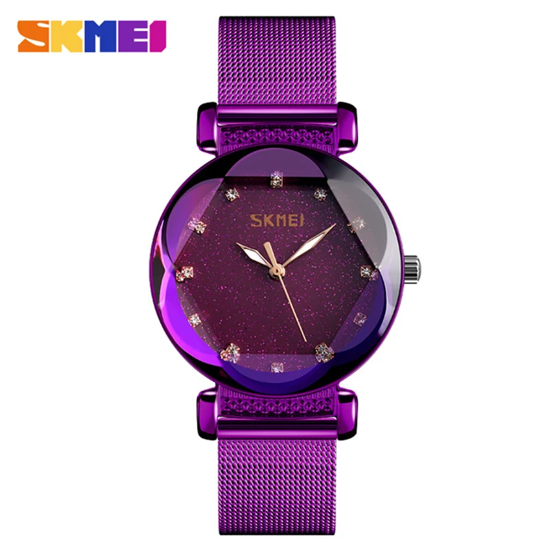 purple steel SKMEI модные роскошные женские хрустальные часы водостойкие розовое золото Сталь сетки кварцевые для женщин часы Лидирующий бренд часы Relogio Feminino - Цвет: purple steel
