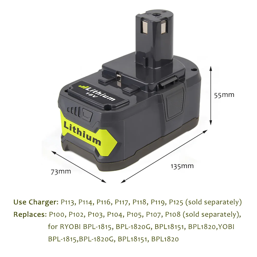 Литий-ионный аккумулятор Eleoption 18 в 5000 мА · ч 2 шт. для Ryobi P108 RB18L40 P2000 P310 ONE + BIW180 |