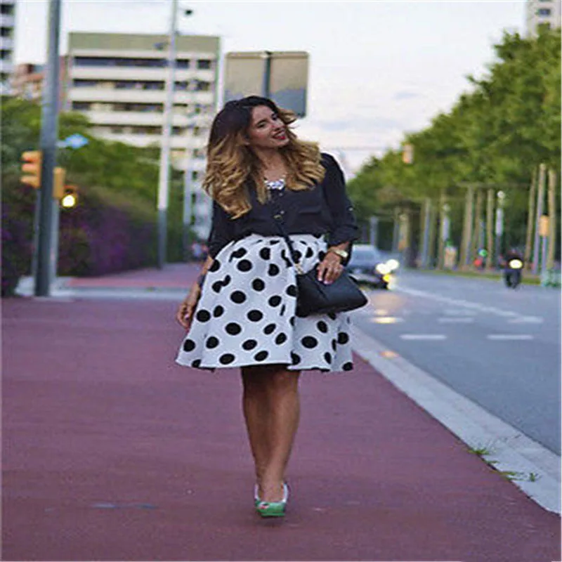 

Vintage New Women Sexy A Line Empire Flared Dot Skater Skirt High Waist Party Knee Length Skirts Size S-XL Fashion Clothing Wear