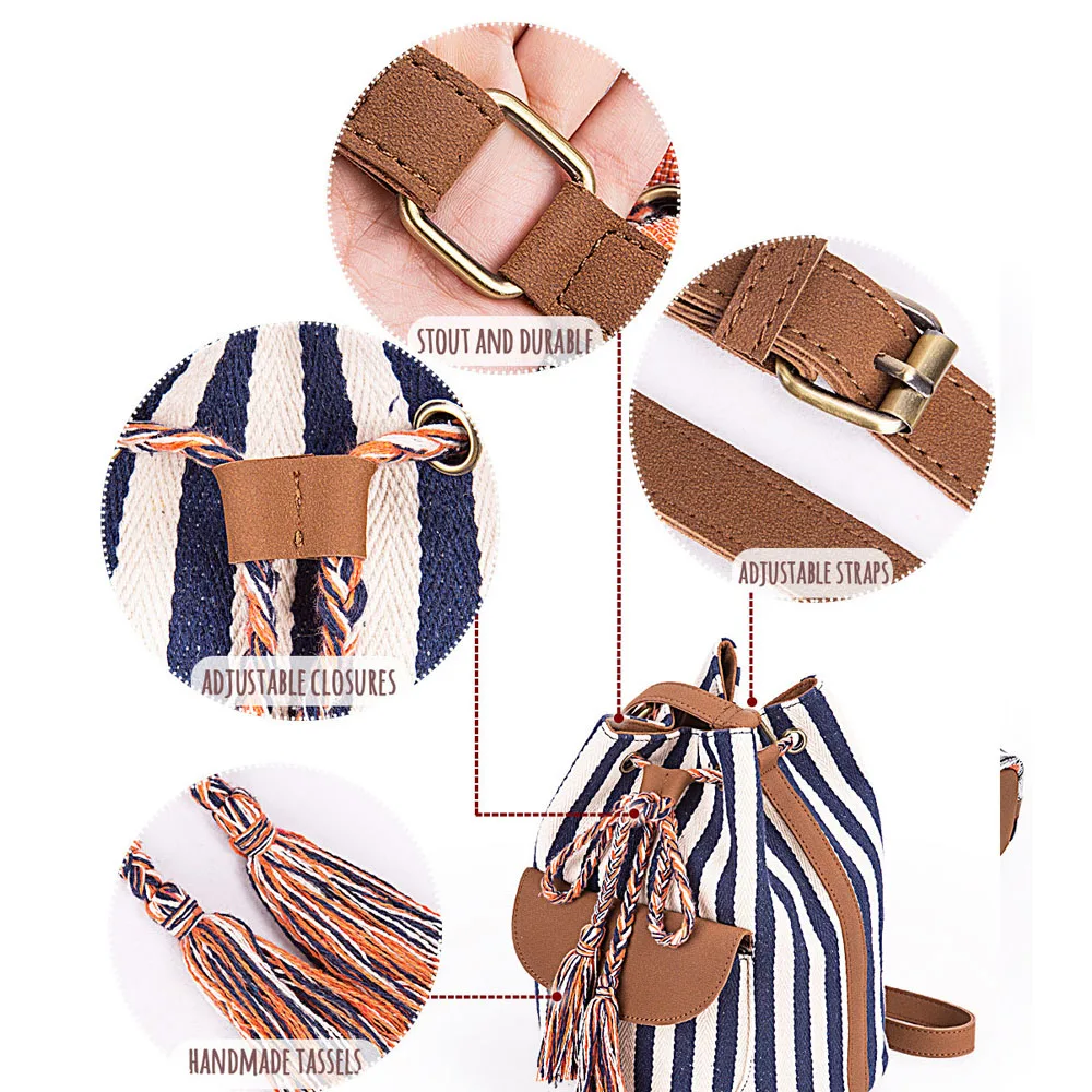 Новинка 2019 женская сумка мешок на шнурке холщовая Boho в полоску сумки плечо для