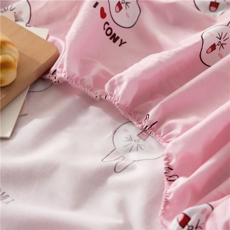 Модный розовый + белый кролик узор 3 шт. 100% хлопок установлены Простыни в полоску