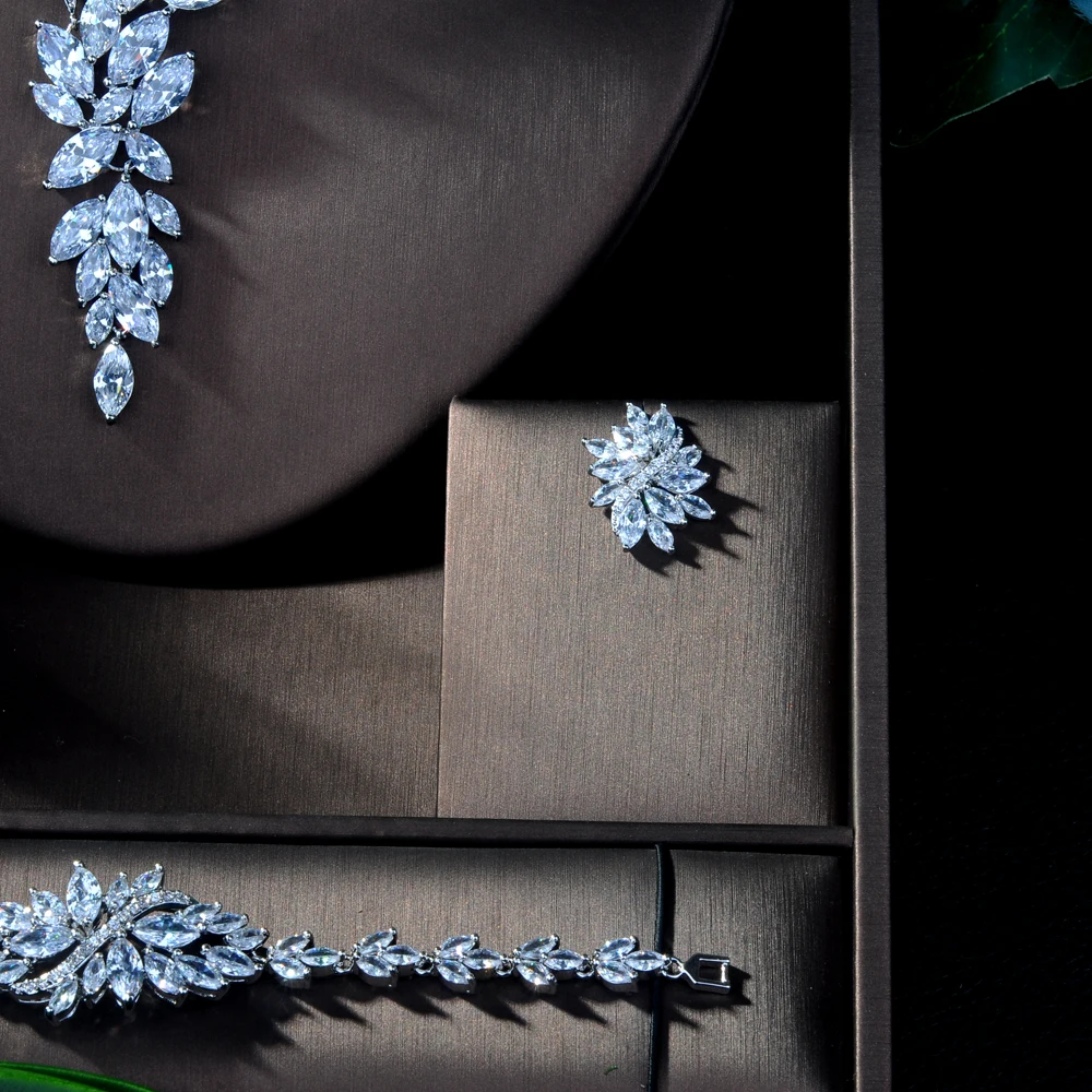 Hibride роскошь Для женщин Jewels элегантное Форма Свадебные CZ Цепочки и ожерелья серьги, браслет, кольцо 4 шт. большой свадебный комплект ювелирных изделий для невесты N-166