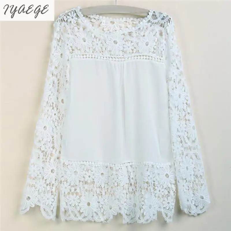 5XL Женские вязаные крючком Большие размеры шифоновые кружевные блузки рубашки с