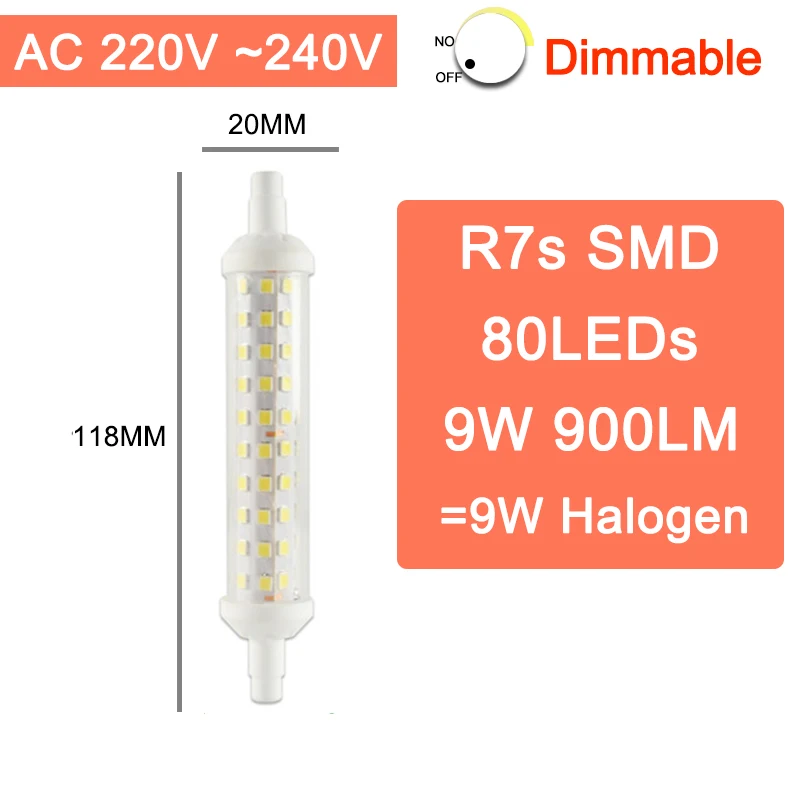 SMD 118mm 220V Dim R7S затемнения светодиодные лампы COB светодиодный Стекло трубки с регулируемой яркостью Светодиодная лампа 78 мм 6 Вт 118 мм 15 Вт заменить галогенные лампы 50 Вт 100 Вт Светодиодный прожектор светильник диод Точечный светильник AC110V 220V - Испускаемый цвет: SMD 118mm 220V Dim
