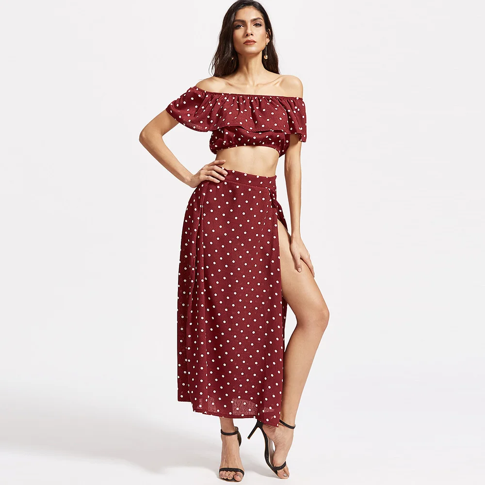 YJSFG HOUSE Elegant Summer Long Maxi Dress Women Two Piece Set Ruffle Slash Neck Crop Tops Vintage Sexy High Split Beach Skirts | Женская