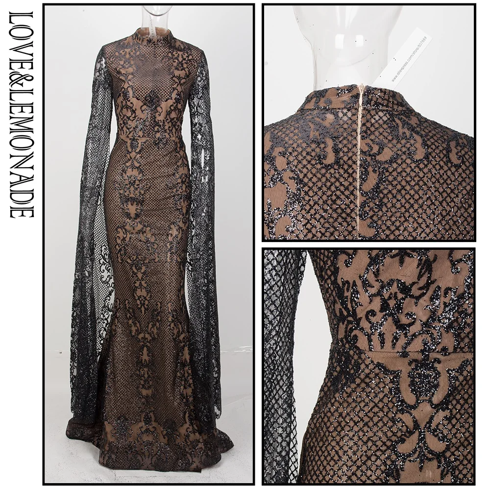 LOVE & LEMONADE черное облегающее длинное платье с геометрическим воротником и