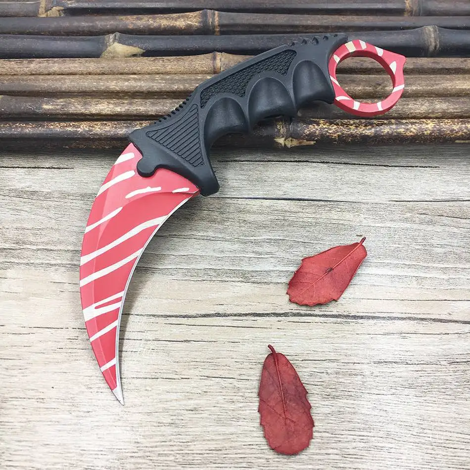 CS GO коготь счетчика удара Karambit нож шеи нож с оболочкой зуб тигра настоящая игра нож Радуга Кемпинг Фиксированное Лезвие Нож - Цвет: Red blade