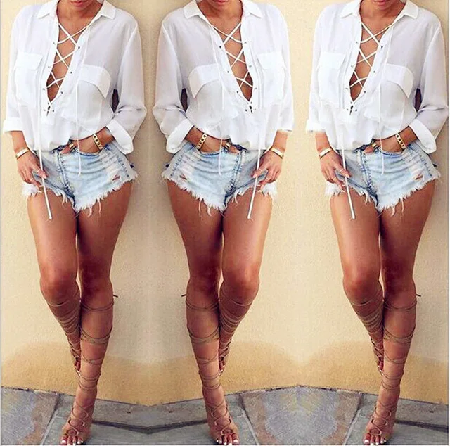 

Women's Sexy Deep V-neck Criss Cross Loose Tops White Long Sleeve Lace Up Chiffon Shirt Casual Autumn Spring Top Tank