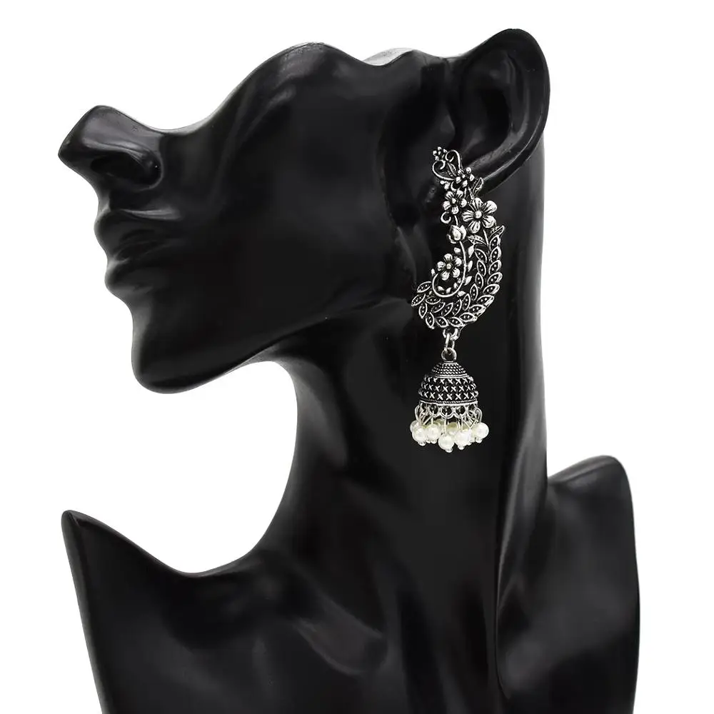 Индийские окисленные серебряные Висячие серьги для женщин Boho Jhumka резной цветок жемчуг бусина Эффектные серьги ювелирные изделия из турецкой турки