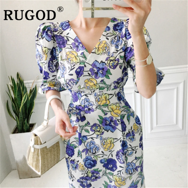 Женское длинное платье с цветочным принтом RUGOD корейское офисное расклешенным