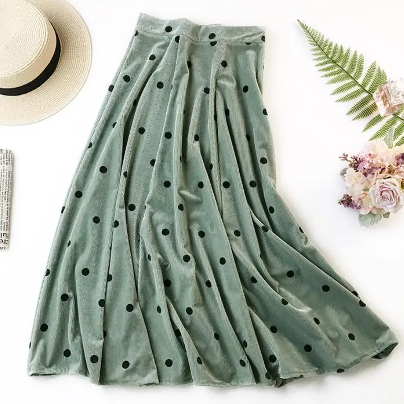 Стрейч Высокая талия-Line бархат старинные юбка в горошек для Женщин Эластичная