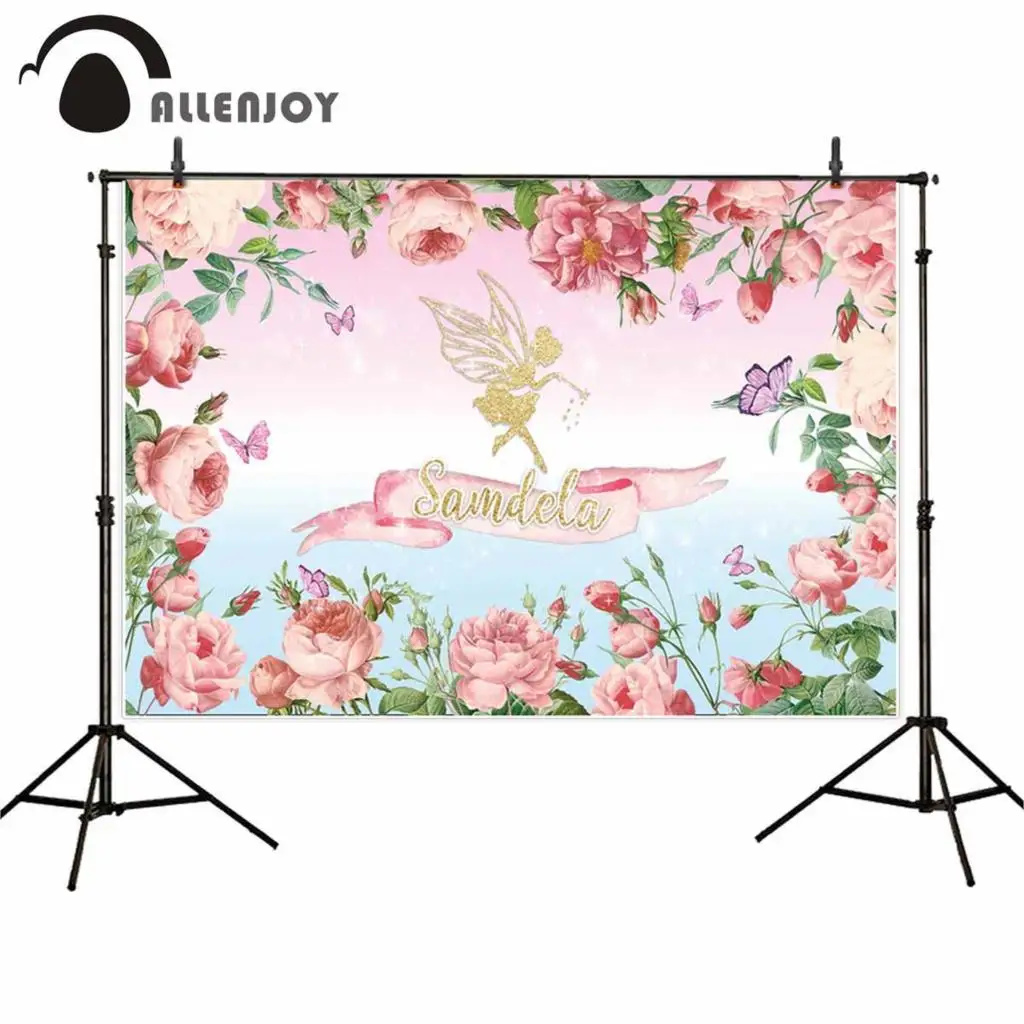 

Allenjoy цветок» и «Fairy Elf ребенка фон Baby Shower баннеры для вечеринки на день рождения Розовые розы бабочки фон для фотосъемки фотосессия украшени...
