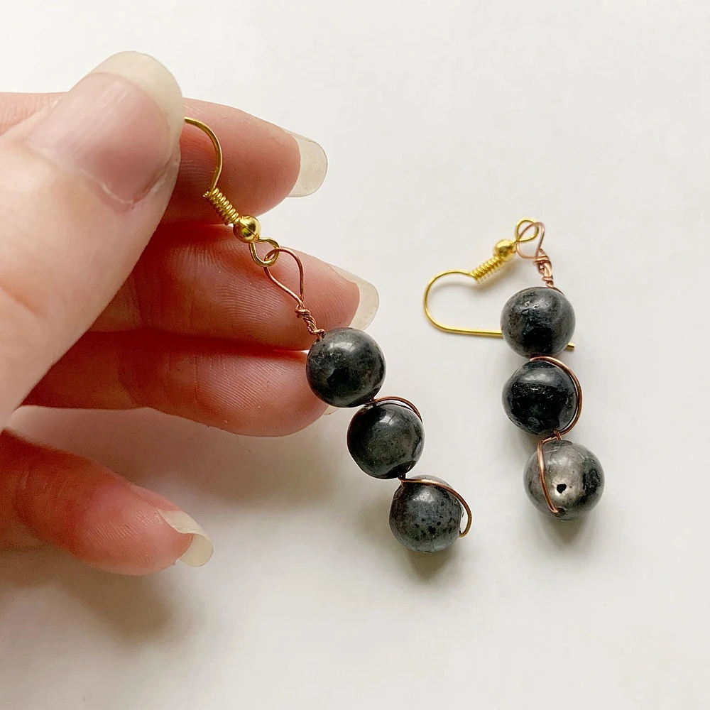 Natural Black Labradorite Earrings Copper Wire Wrapped 8mm Stone Beads Dangle Hook Gold-color Jewelry | Украшения и аксессуары