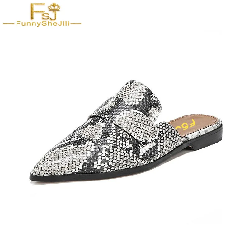 

FSJ 2022 Textured Grey Snake Skin Women Mules Summer Flat Heel Pointed Toe Animal Slides Female Dress Casual Meeting Shoes 44 46