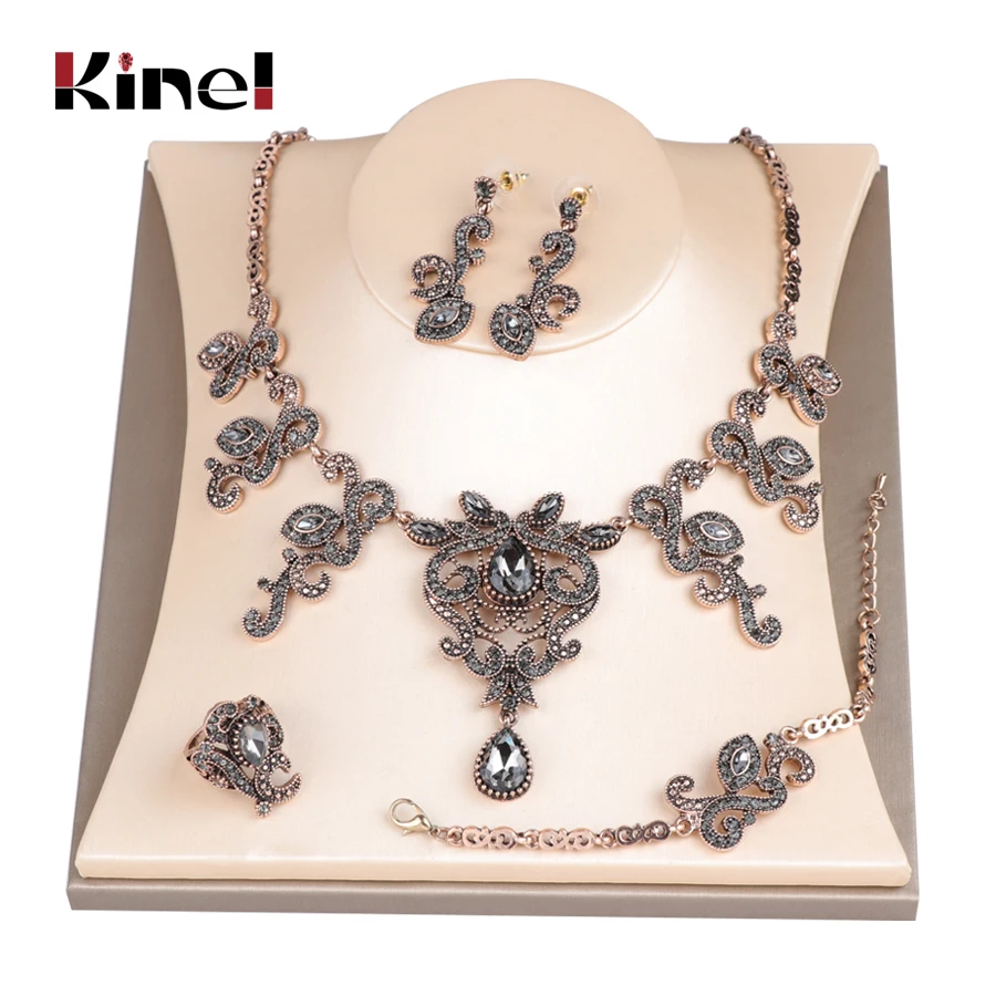 

Kinel Hot Unique Grey Crystal Wedding Jewelry Set Antique Gold Turkey Flower Earring Necklace Bracelet Ring For Women Love Gift