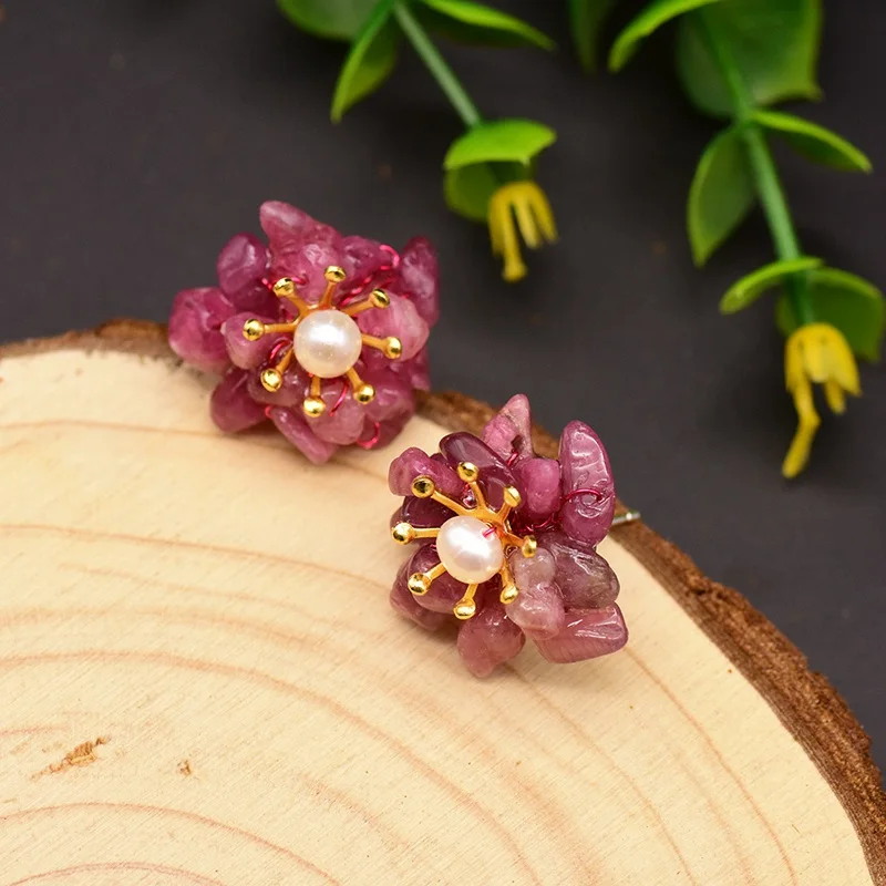 GLSEEVO Natural Jade Pearl Stud Earrings For Women Mom Birthday Day Gift 925 Sterling Silver Flower Earring Fine Jewelry GE0780 - Цвет камня: Rose red
