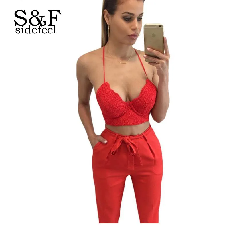 Sidefeel Растениеводство Tops Women 2017 Красный Длинные строки Холтер Sexy Кружева Бюстье