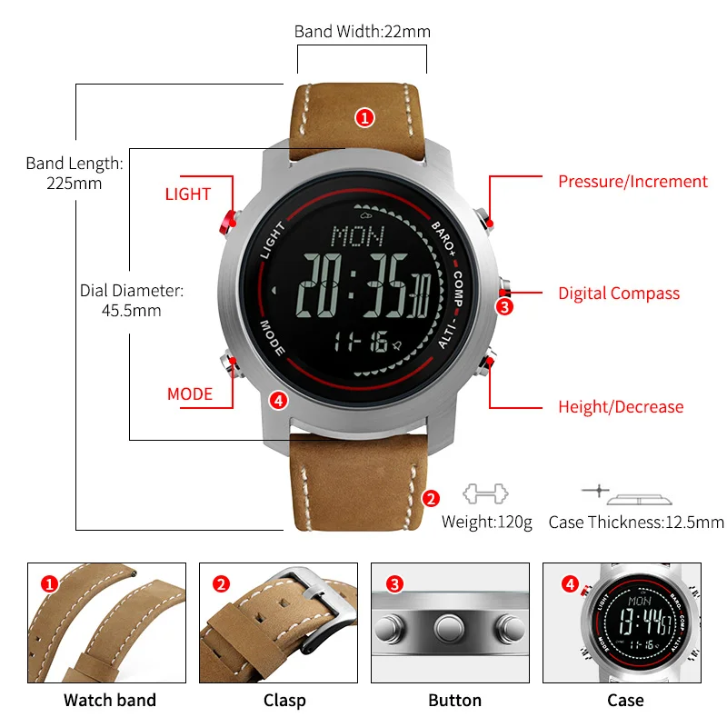 CAINUOS мужские спортивные цифровые наручные часы Компас Будильник кожаный ремешок