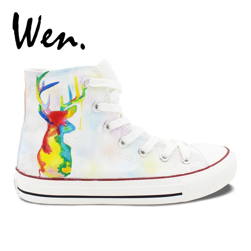 

Вэнь оригинальная ручная роспись обувь белый высокий Топ красочный олень для мужчин женщин мужчин парусиновые кроссовки для подарков