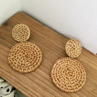 fashion korea handmade wooden straw weave braid drop earrings double circle rattan vine knit long earrings for women girl y1223