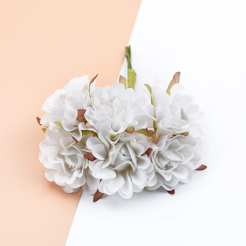 white 6 шт., искусственные розы, букет, декоративные цветы, венки, искусственные растения для дома, декор для свадьбы, скрап, сделай сам, подарки, коробка для конфет, шелковые цветы - Цвет: white