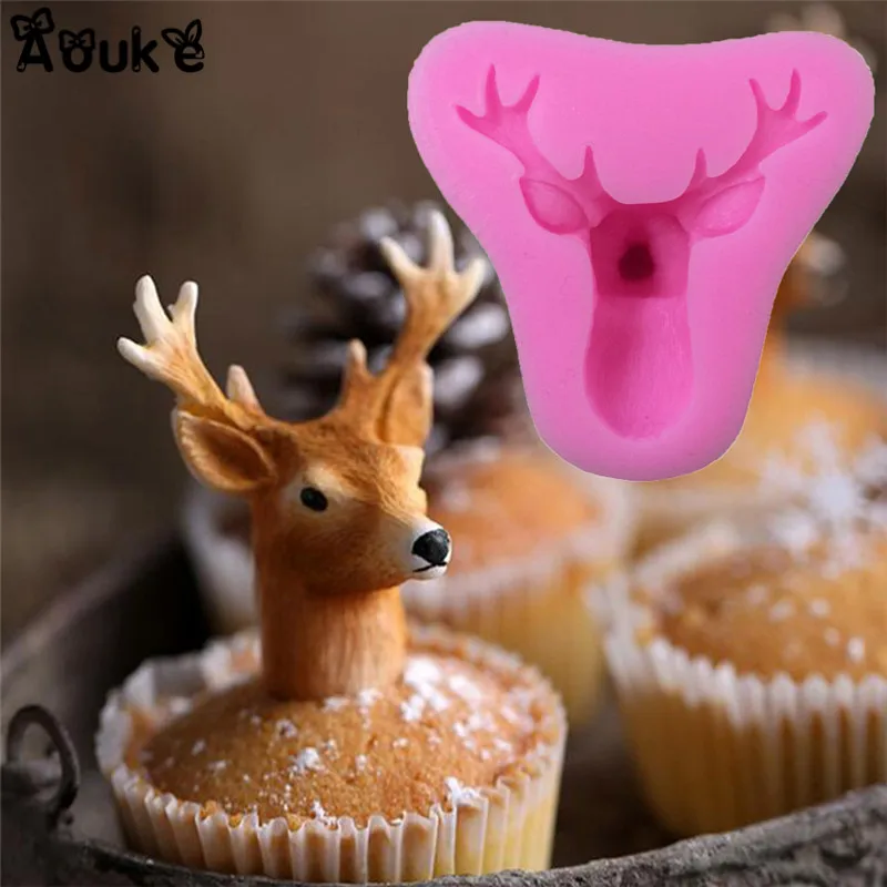 

3D Christmas Elk Head Liquid Silicone Embossed Molds Chocolate Cake Mold Fondant Mould DIY Baking Decorating Tool Cookies Moulds