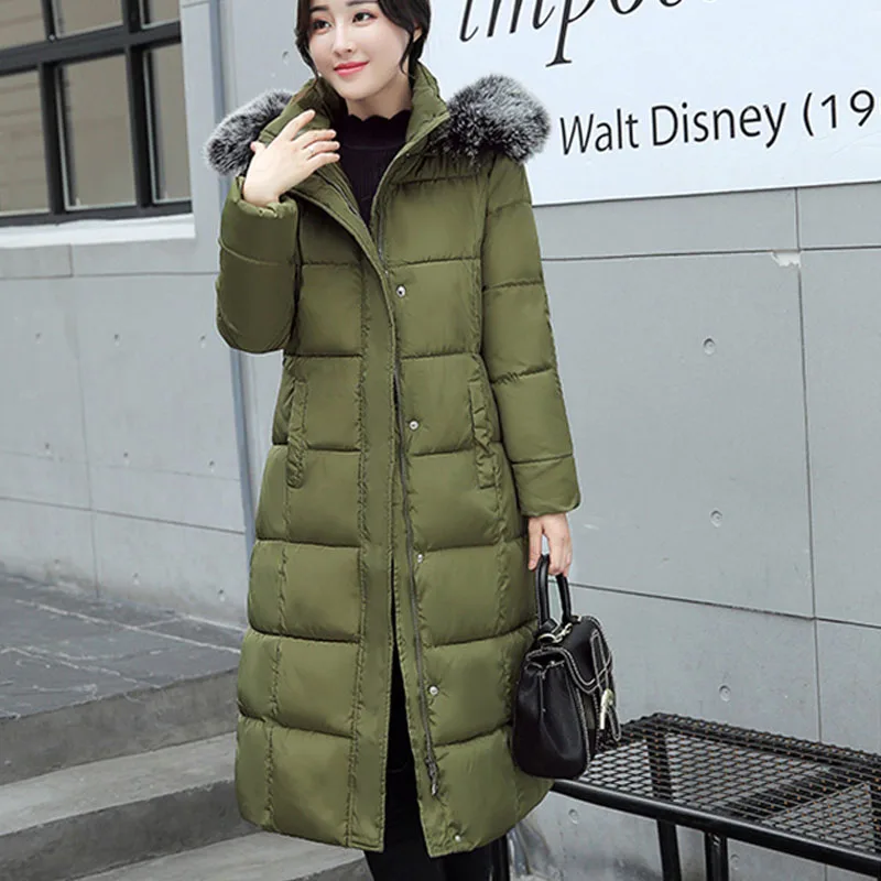 Army Green VANGULL теплые зимние однотонные женские парки, новинка, Длинная женская повседневная куртка, пальто с капюшоном на молнии, плотные пальто, верхняя одежда с меховым воротником - Цвет: Army Green