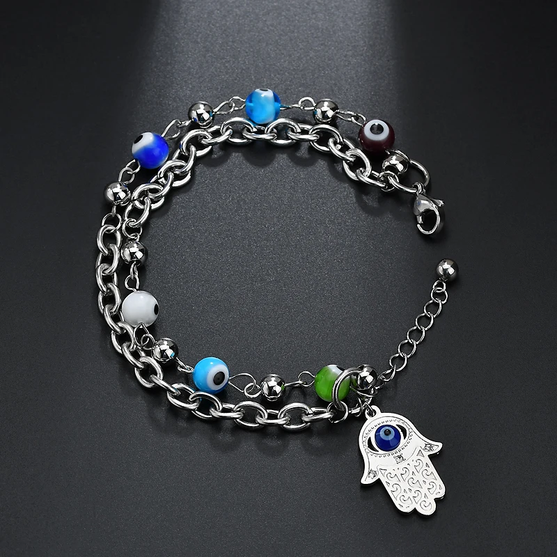 Двухслойный турецкий браслет Hamsa из нержавеющей стали YUKAM на удачу с изображением
