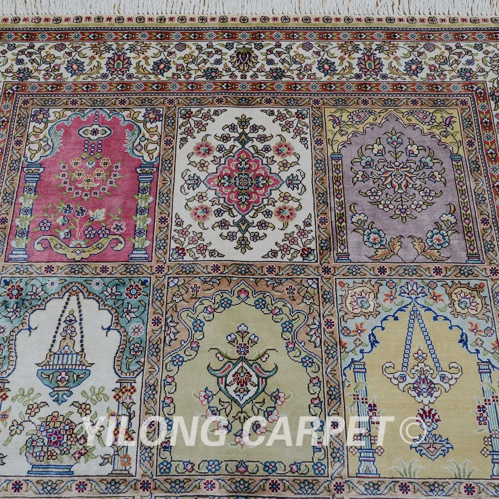Yilong 3 'x 4 5' Античный персидский шелк розовый садовый коврик ручной вязки