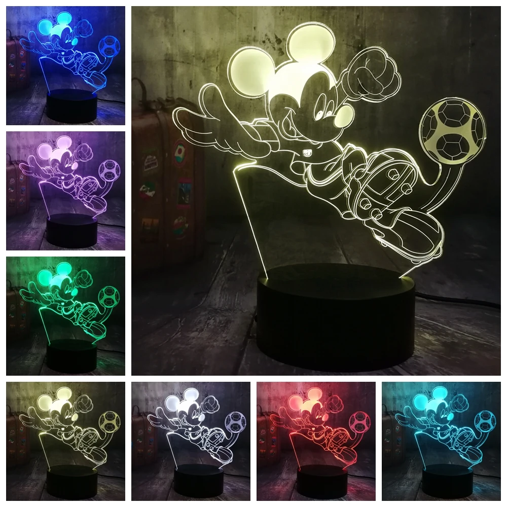 Милый Микки Маус игра в футбол 3D светодиодный ночник светильник RGB 7 цветов