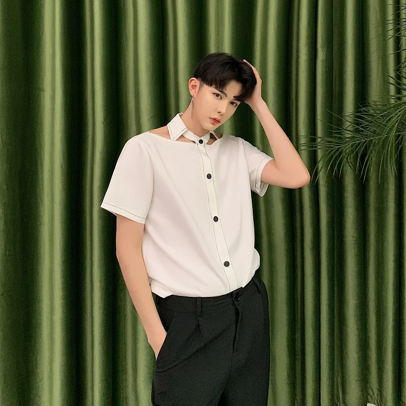 

M-XXL!Summer alternative personality hollow short-sleeved shirt tide men's clothing line open line loose half-sleeved shirt.