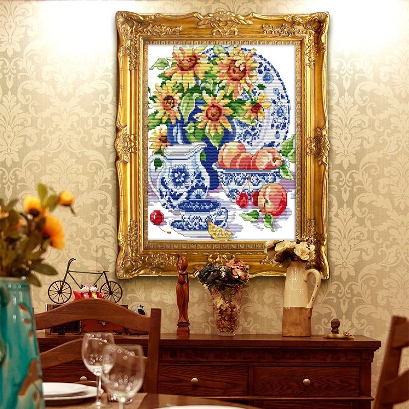 

Blue and white porcelaint Cross Stitch Kits Printed pattern canvas Chinese Embroidery Needlework set Cross-stitch Home Decor