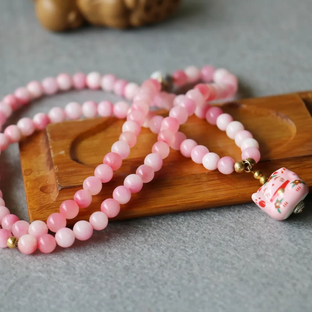 6 мм розовый браслет с халцедоном Lucky ceramic Cat кулон Модные ювелирные бусы