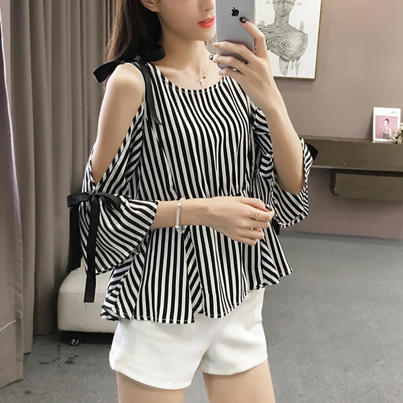 SESOAF женские летние топы 2019 корейский стиль полосатый шифоновый с открытми