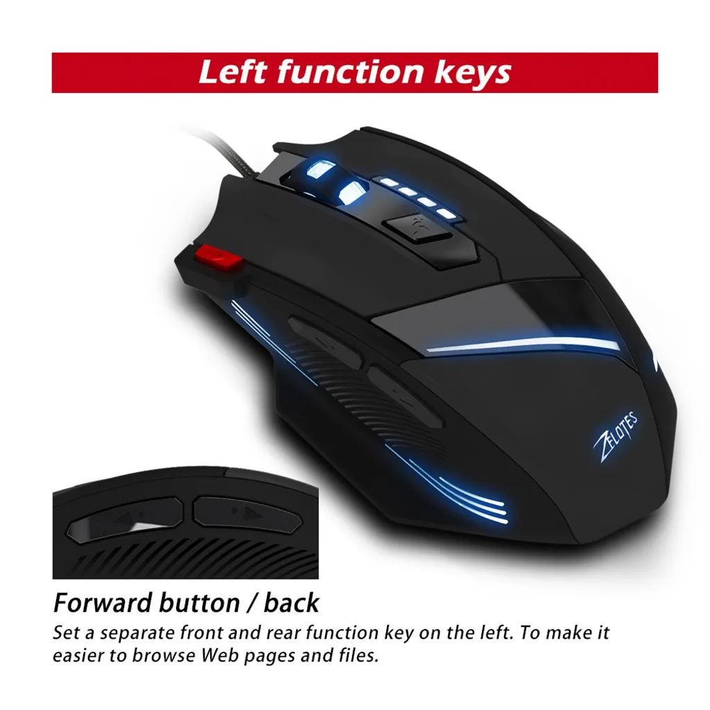 Для zelotes T-60 7200 dpi 7 кнопок USB СВЕТОДИОДНЫЙ цветной кабель игровая мышь и мыши профессиональная Проводная игровая мышь