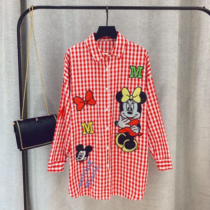 New Long Loose Shirt Women Turn-Down Collar Cartoon Sequins Tdress Long Blouse Casual Feminina Blouses Women Shirts NS140