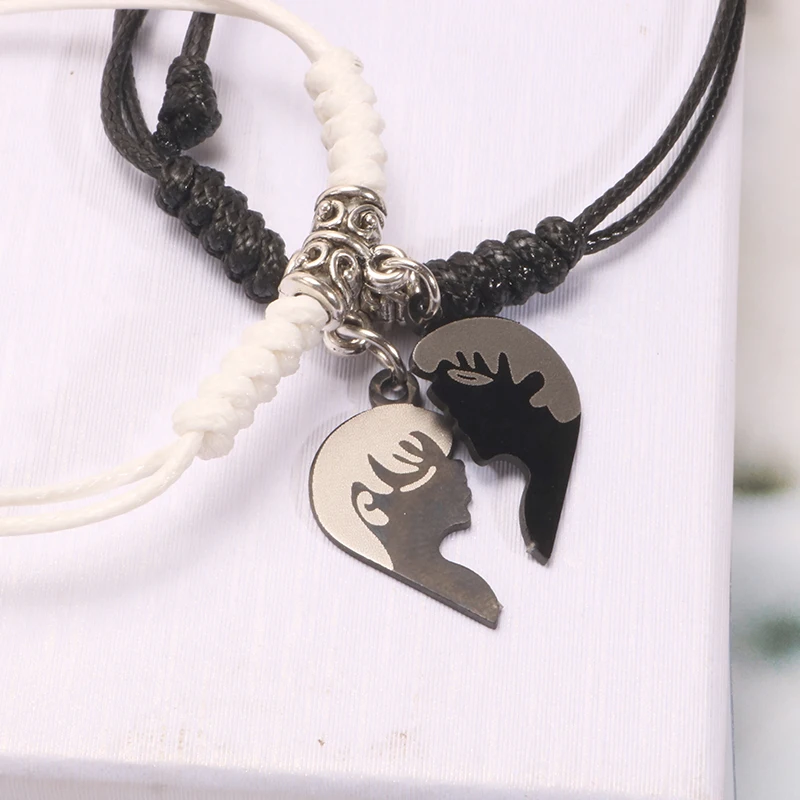 Boy Girl Couple Charms Pendant Bracelet Adjustable Hearts Black White Handmade Stainless Steel for Women Jewelry Gift | Украшения и