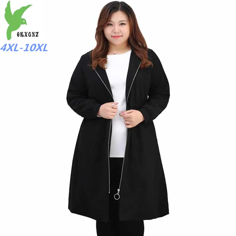 Большой размер 4XL-10XL плащ с капюшоном Для женщин Демисезонный Длинная ветровка Женская Классическая Повседневное пальто на молнии черный Тренч G46
