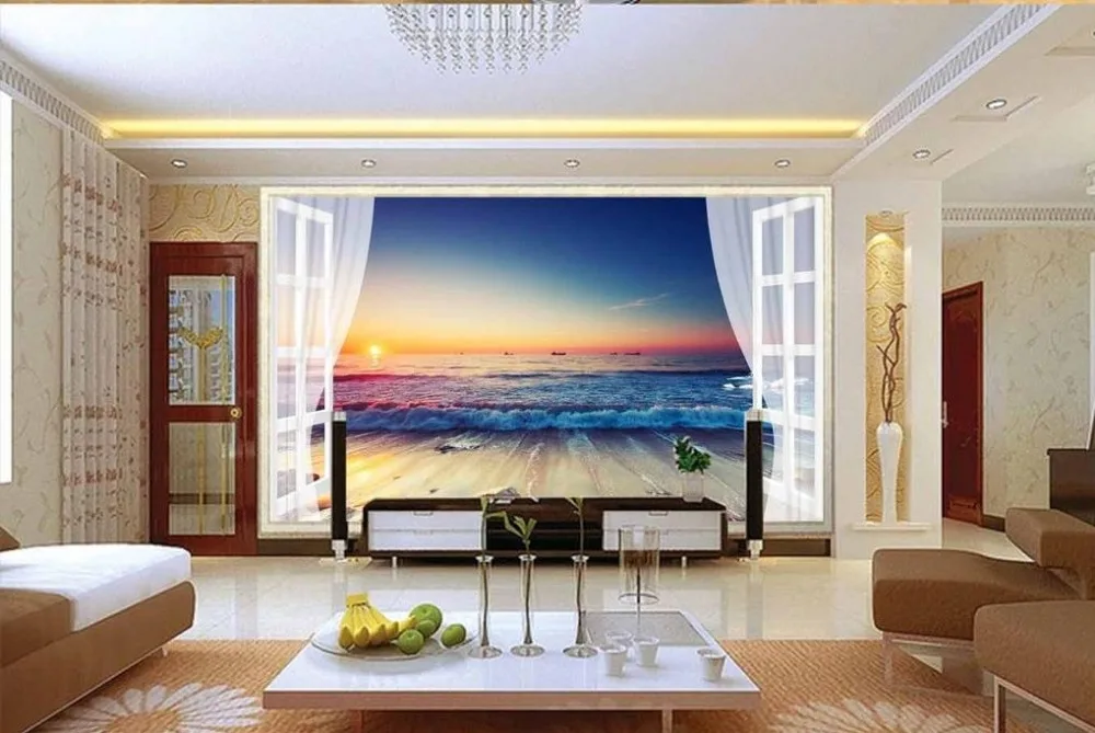 3D обои на заказ для гостиной с видом море за окном|wallpaper 3d living room|3d landscapeslandscape wallpaper