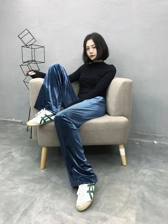 Бархат Брюки для девочек дамы павлин синий Длинные штаны с эластичной резинкой