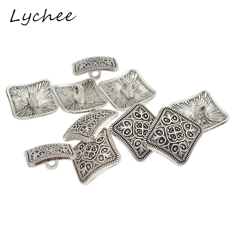 Lychee 10pcs Geometric Square Antique Silver Flower Metal Shank Button For Clothes Jeans Sewing DIY Decorative Crafts | Дом и сад