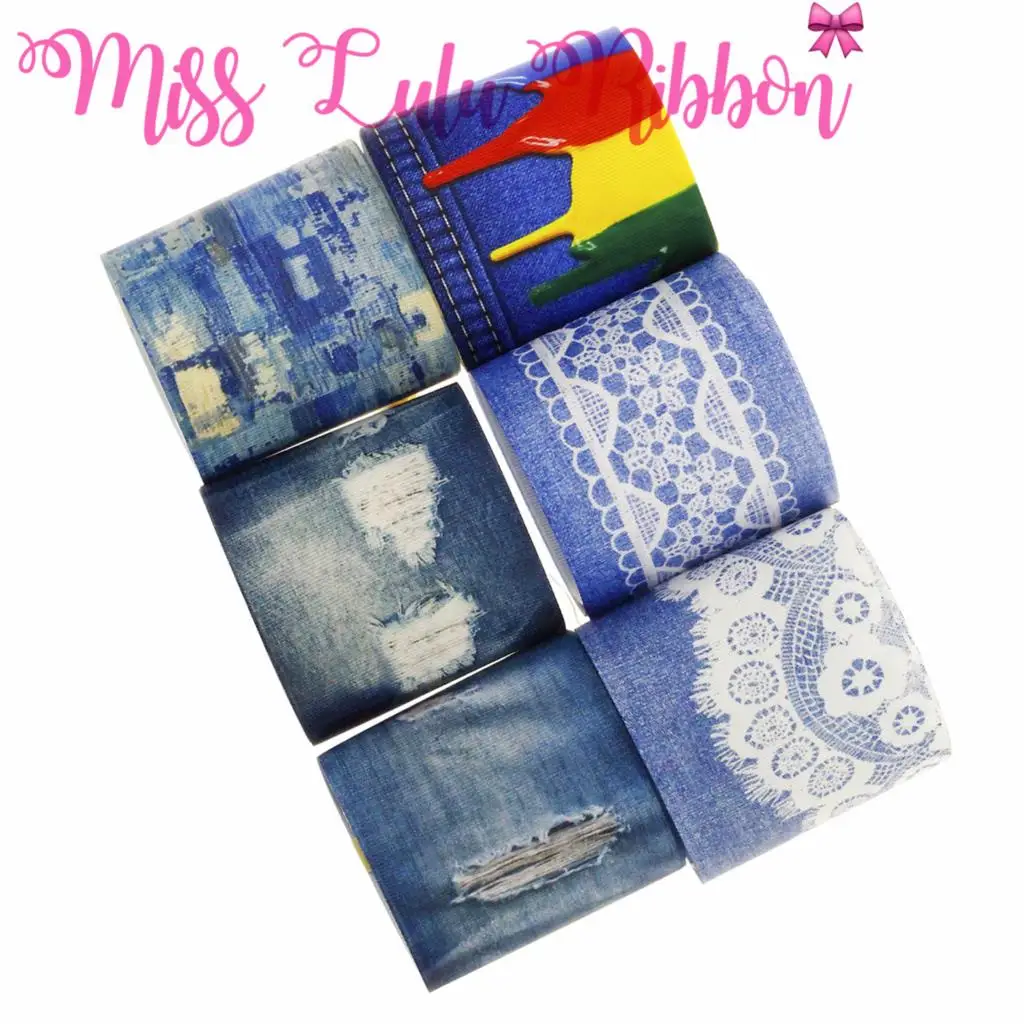 

16mm-75mm Jeans Series Denim Like Printed Grosgrain/Foe Ribbon Lace Webbing DIY Hair Band 50yards/roll Gift Bowknots Making