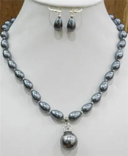 

Teardrop Dark Gray Akoya Cultured Shell Pearl Necklace Earring & 16mm Pendant AA