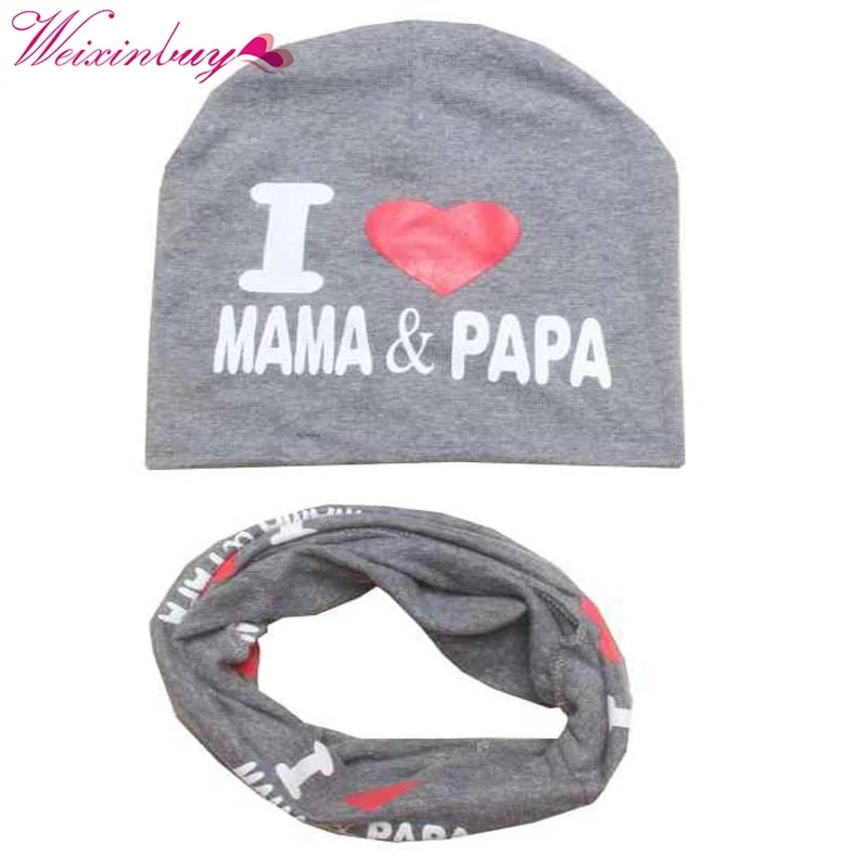 Детская шапка комплект I Love MaMa PaPa» принт хлопок Кепки зима Шапки новорожденных детей шарф воротник Обувь для мальчиков шапочка Дети Кепки