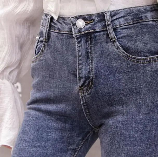 Модные корейские женские джинсы с высокой талией бахромой жемчужинами бисером